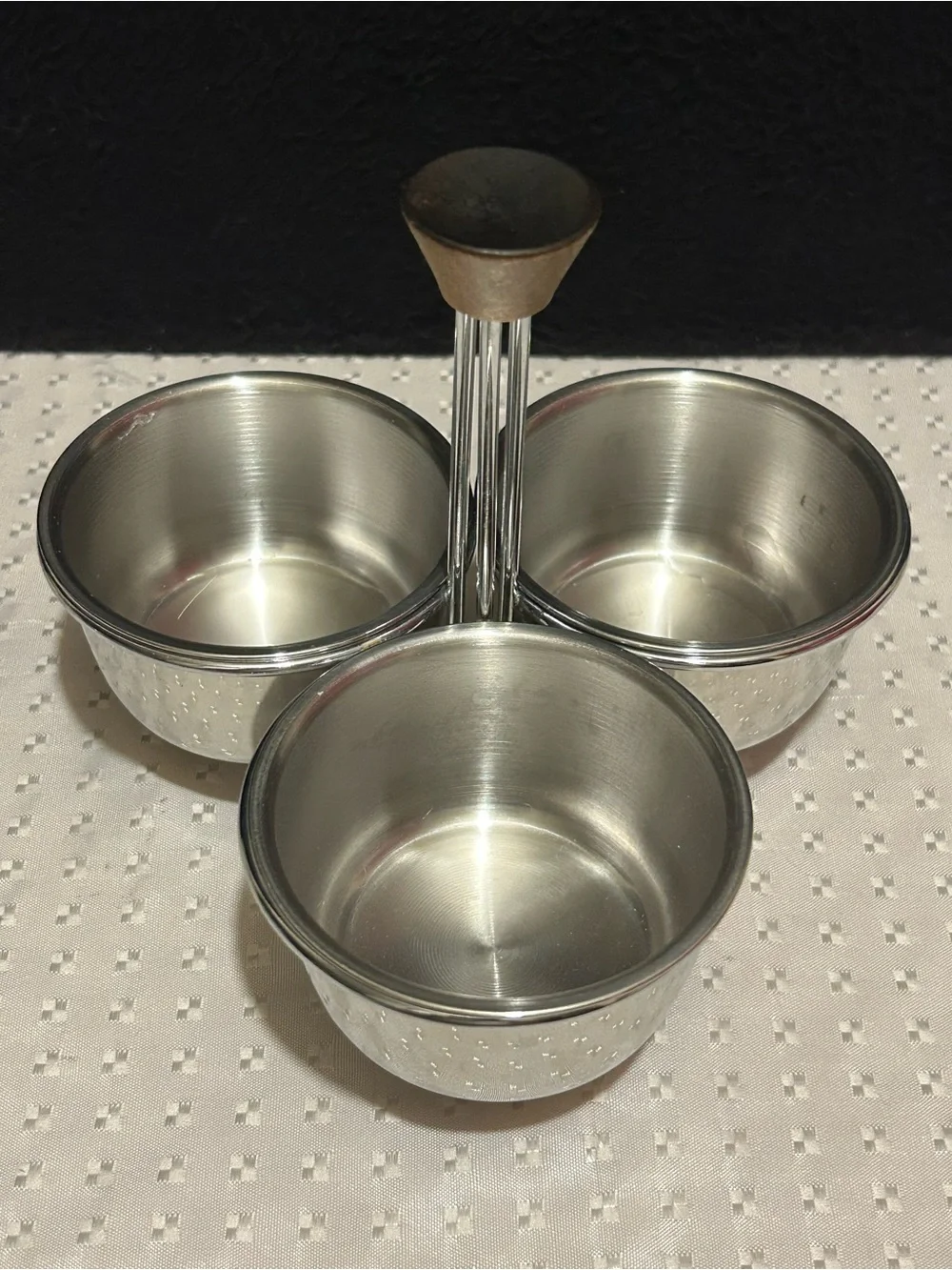 Vintage Stainless Steel Condiment Holder With 3 Bowls & Lids Wood Handle 8
